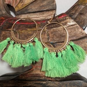 Gold and Green Tassel Hoop Earrings